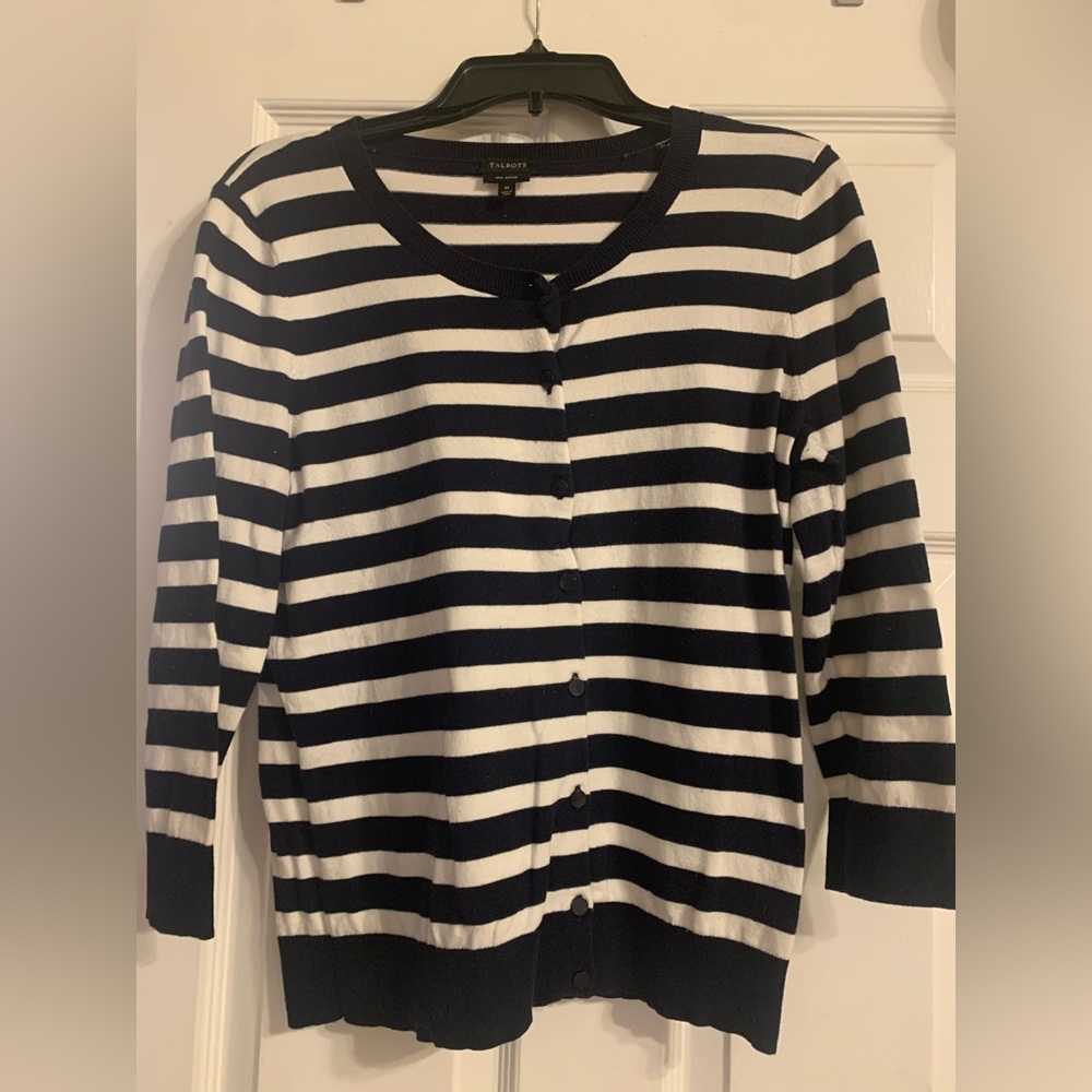 Talbots Midnight Blue/White Striped Button Up Cardigan